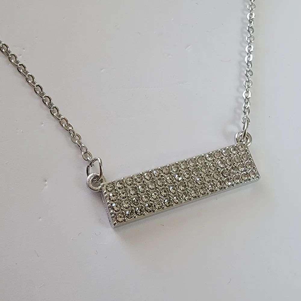 Pave Bar Necklace Silver Tone Clear Diamond Rhinestones Iced Out